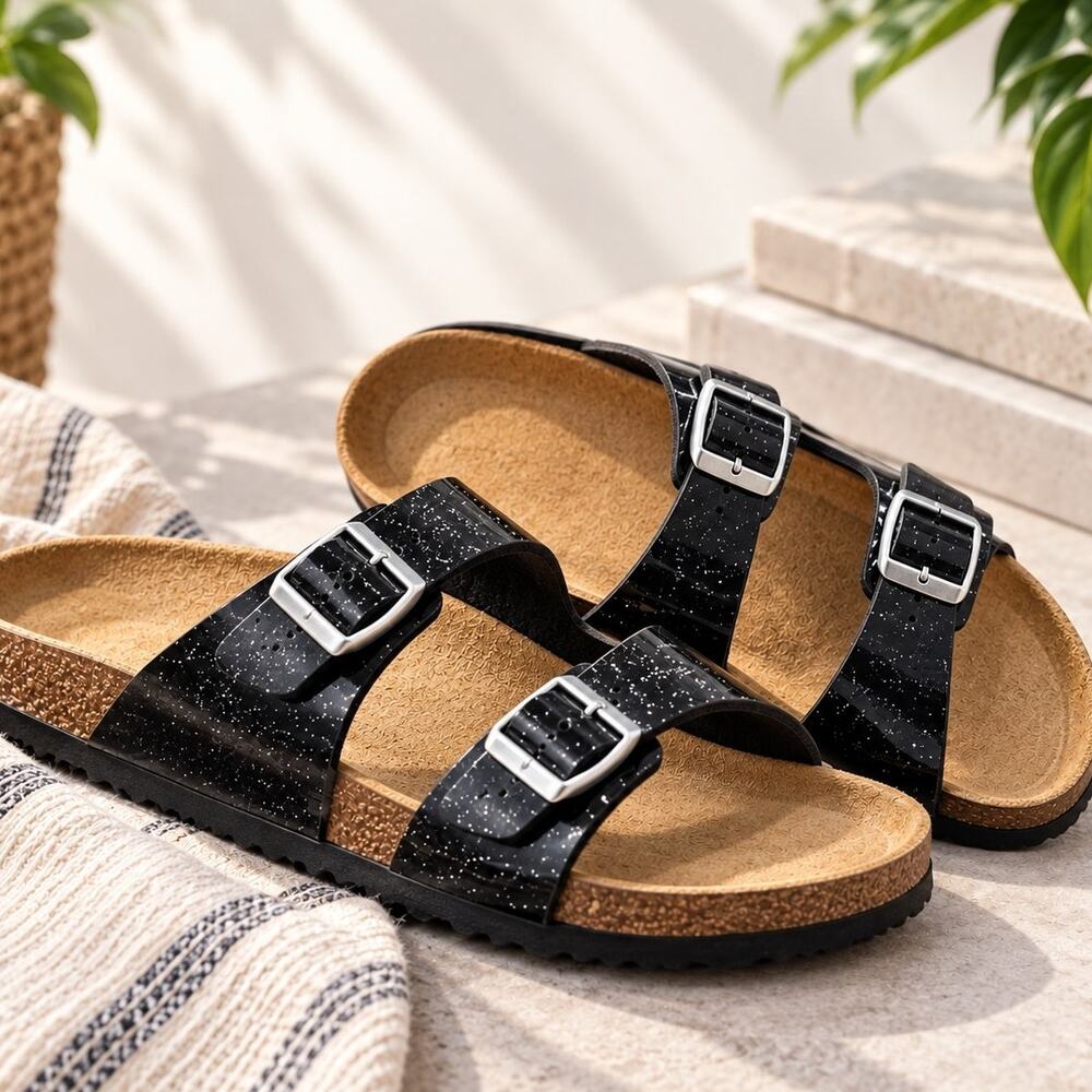 Birkenstock Arizona Cosmic Sparkle Anthracite 38 Narrow Birko-Flor Sandals NWOT